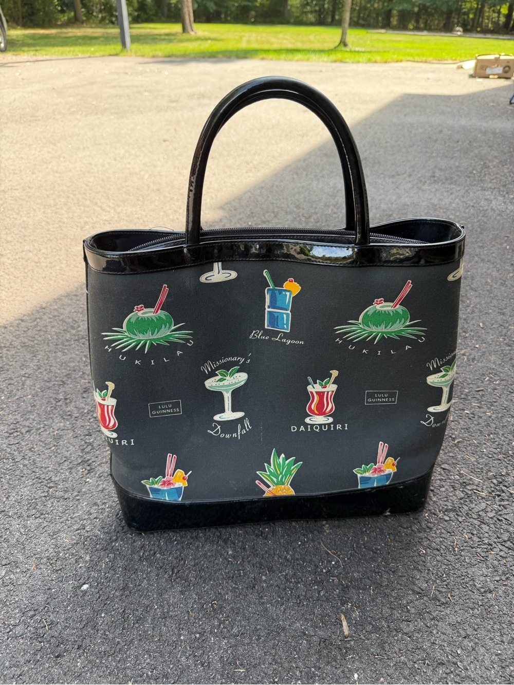 Lulu Guinness Black Cocktail Print Tote with Glossy Trim